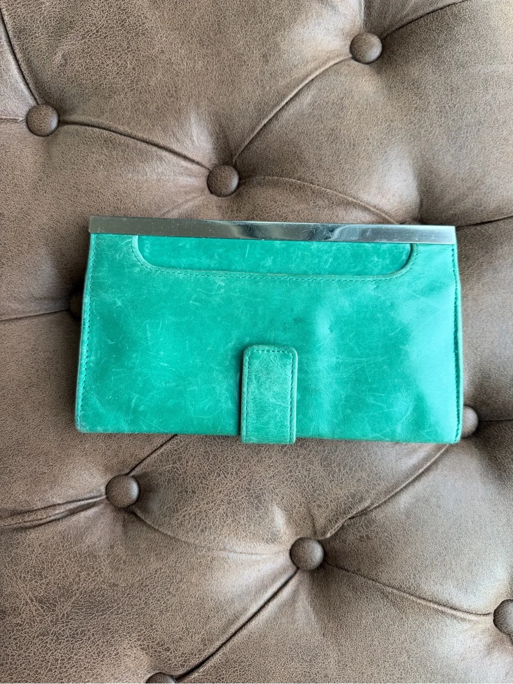 HOBO Teal Leather Clutch with Silver Trim